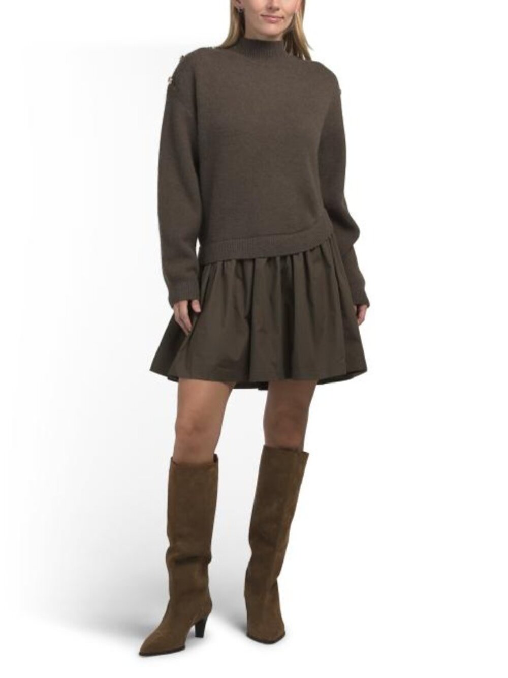 ZOE & CLAIRE Mixed Media Sweater Mini Dress With Button Detail